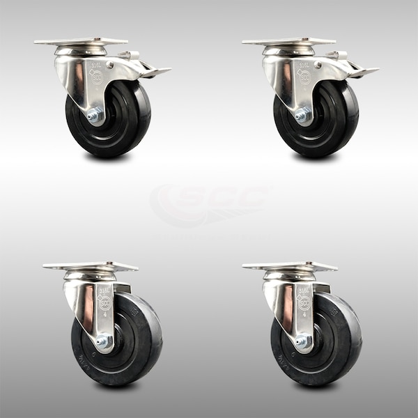 4 Inch 316SS Hard Rubber Wheel Swivel Top Plate Caster Lock Brakes SCC, 2PK